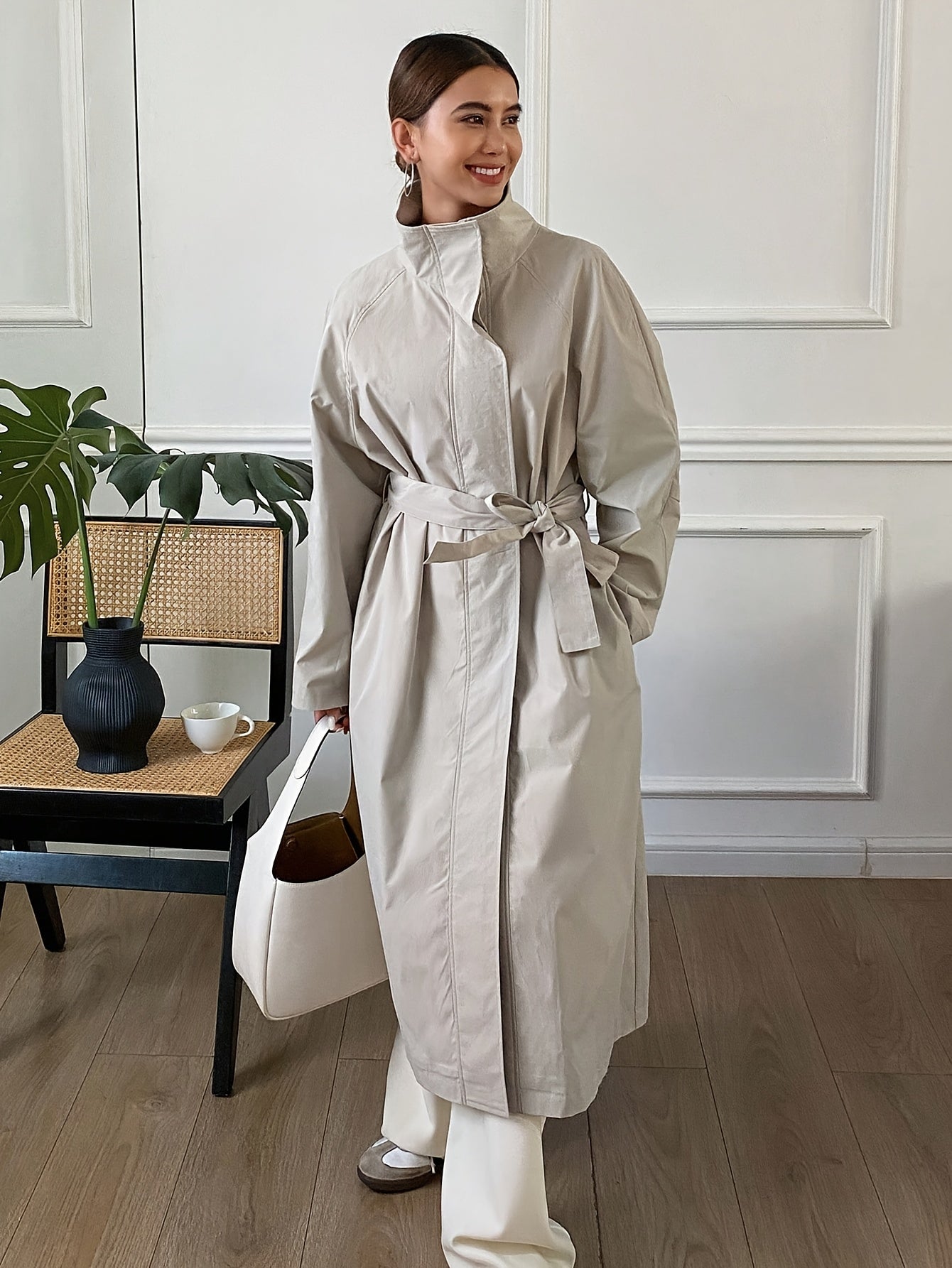 Women’s Belted Trench Coat – Loose Fit Long Sleeve with Pockets