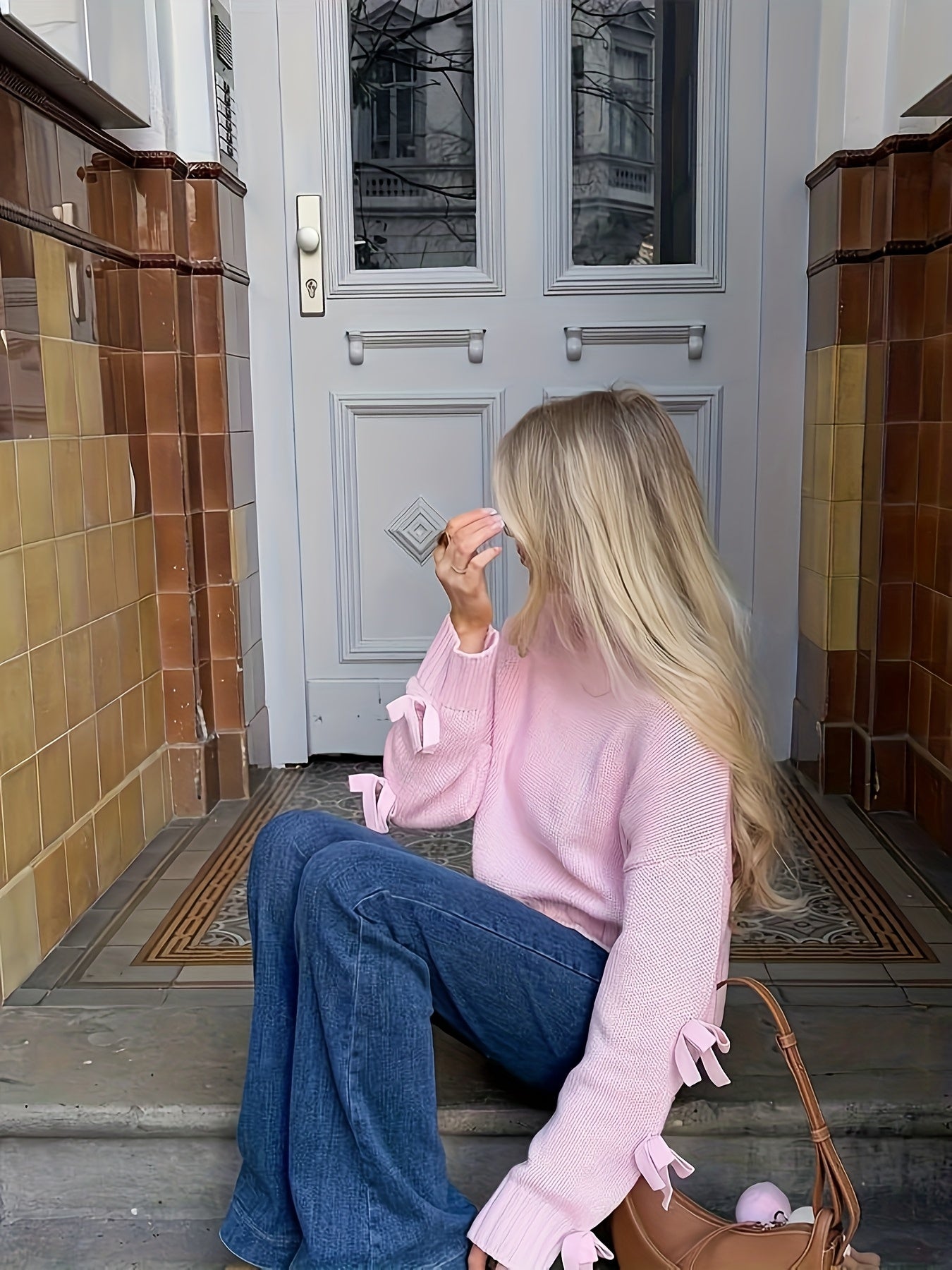 Bow Decor Long Sleeve Top - Crew Neck