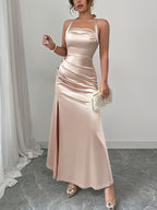 Champagne Satin Spaghetti Strap Dress - Elegant