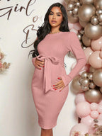 Cotton Maternity Long Dress - Crew Neck