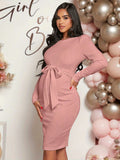 Cotton Maternity Long Dress - Crew Neck