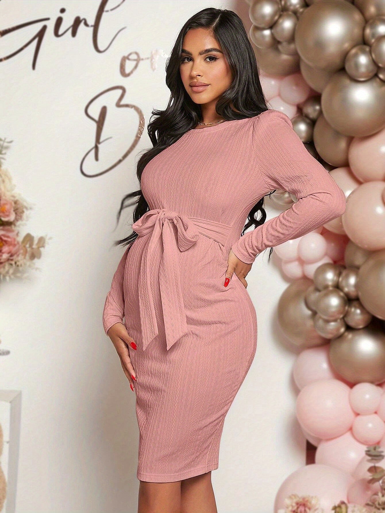Cotton Maternity Long Dress - Crew Neck