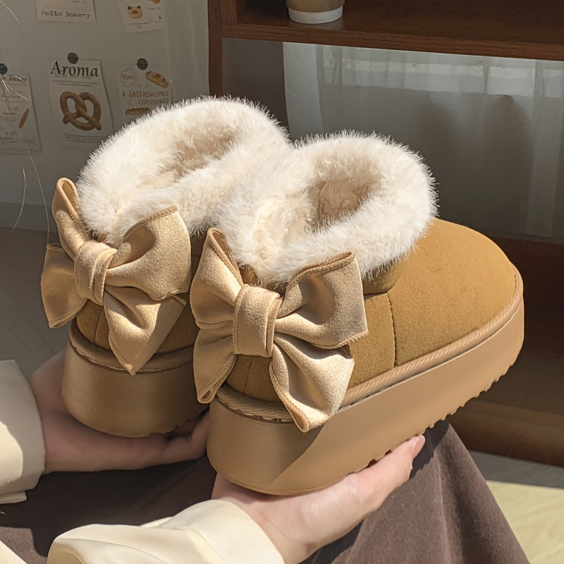 Faux Fur Winter Slippers - High Top with Bow
