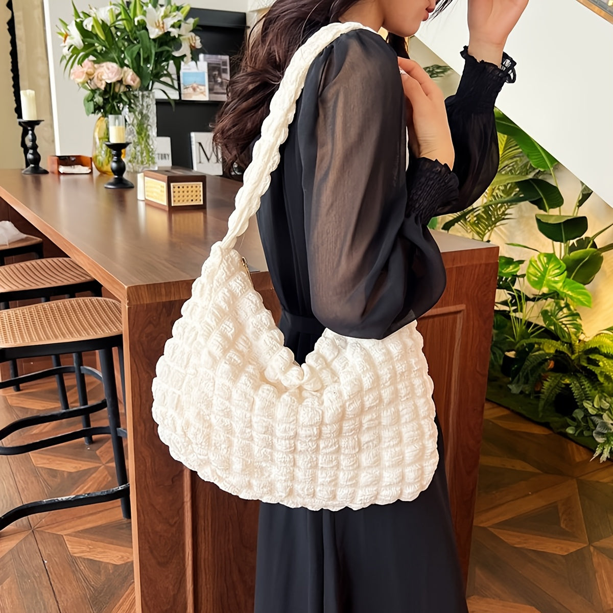 Women’s Polyester Pleated Shoulder Bag - Lightweight Stylish Everyday Handbag