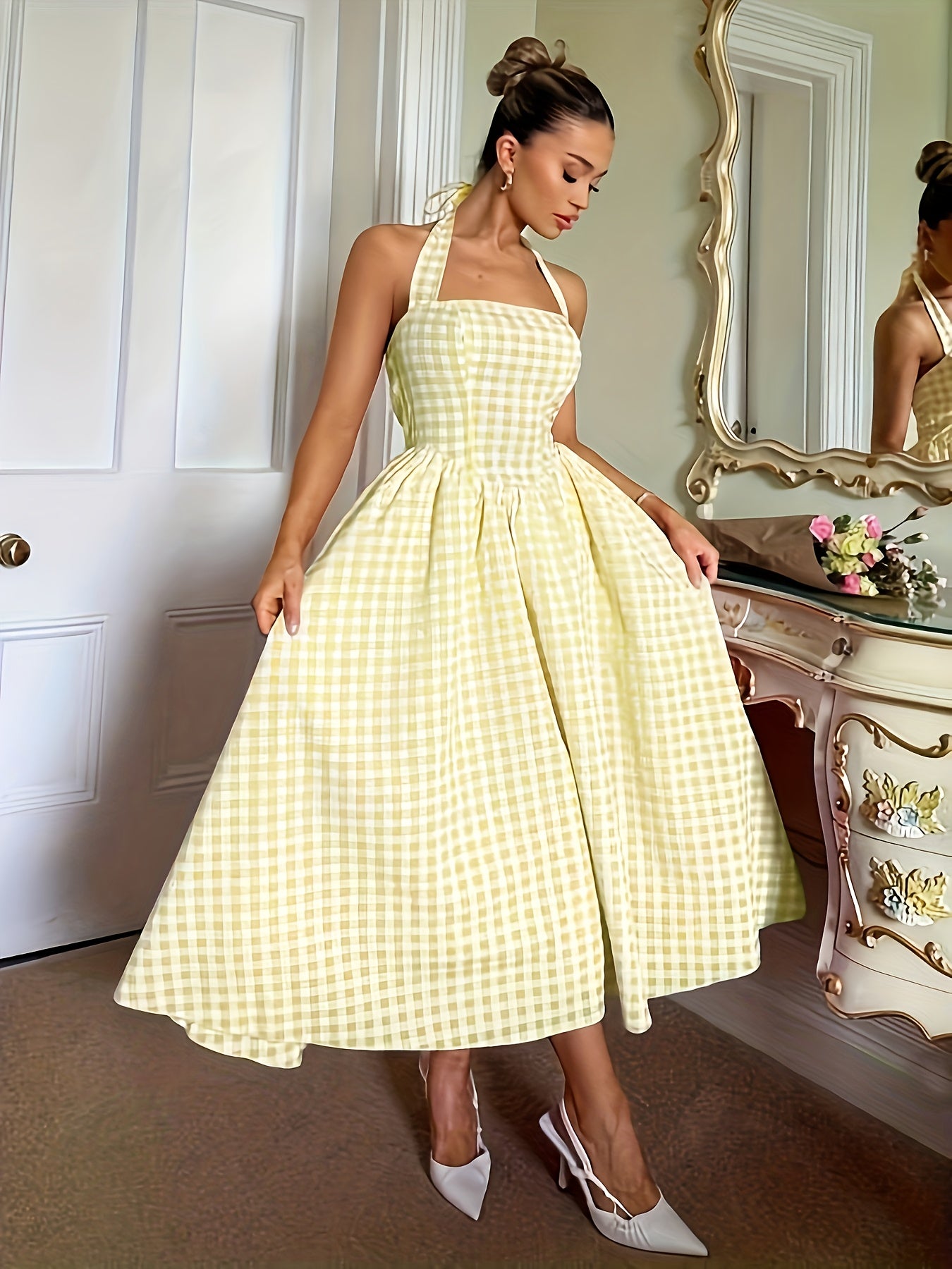 Cotton Plaid Midi Dress - French Style