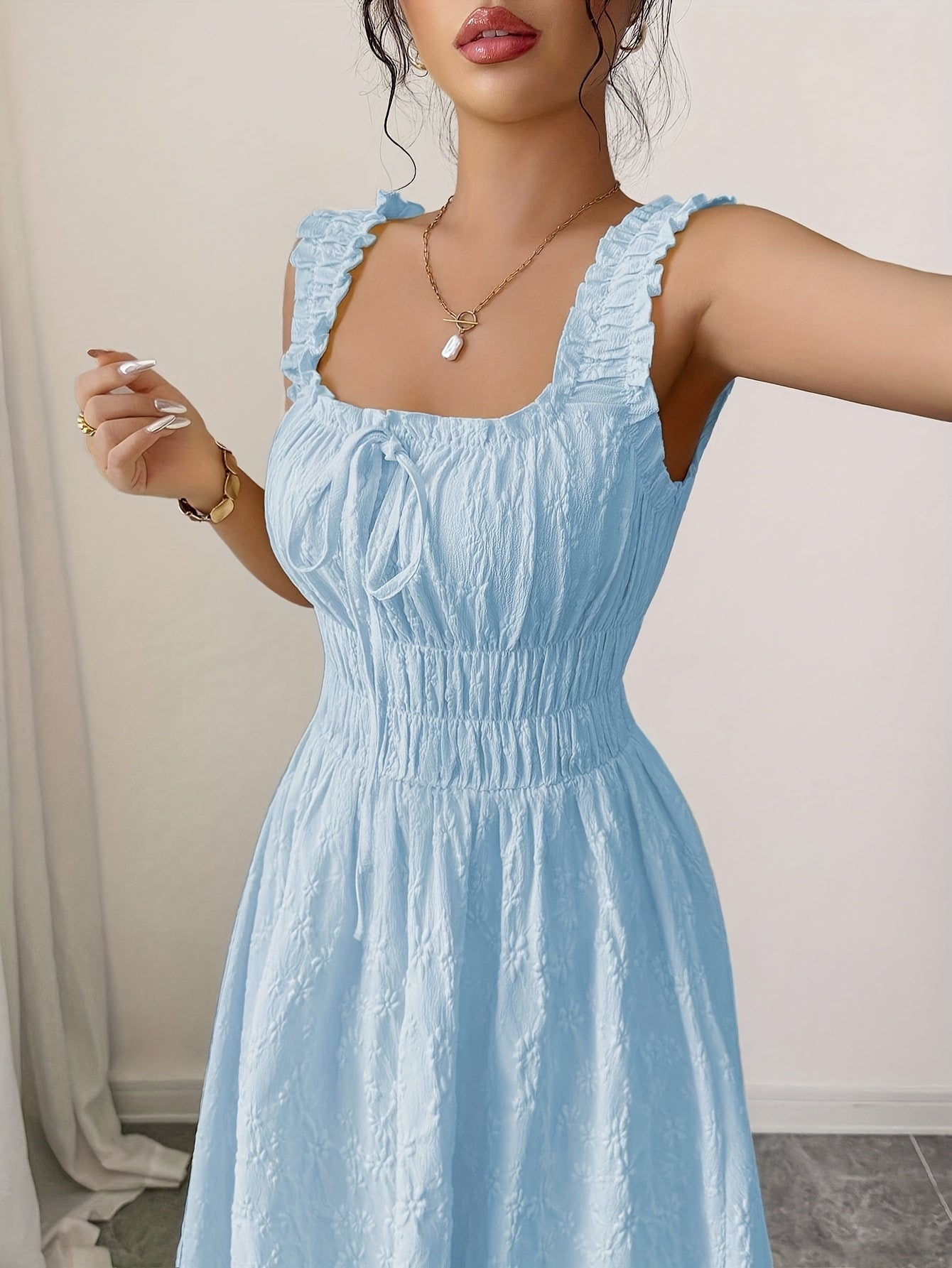 Floral Spaghetti Strap Dress - Bow Waist Style