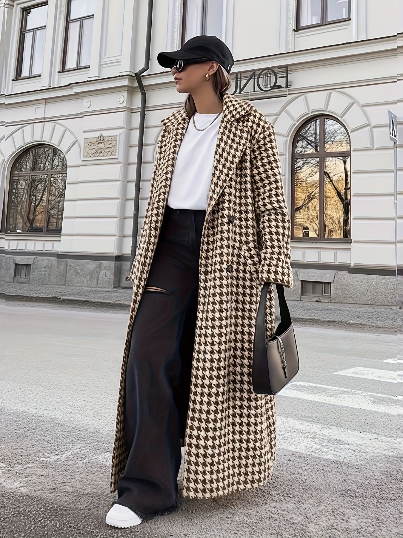 Women’s Houndstooth Trench Coat - Long Belted Classic Outerwear