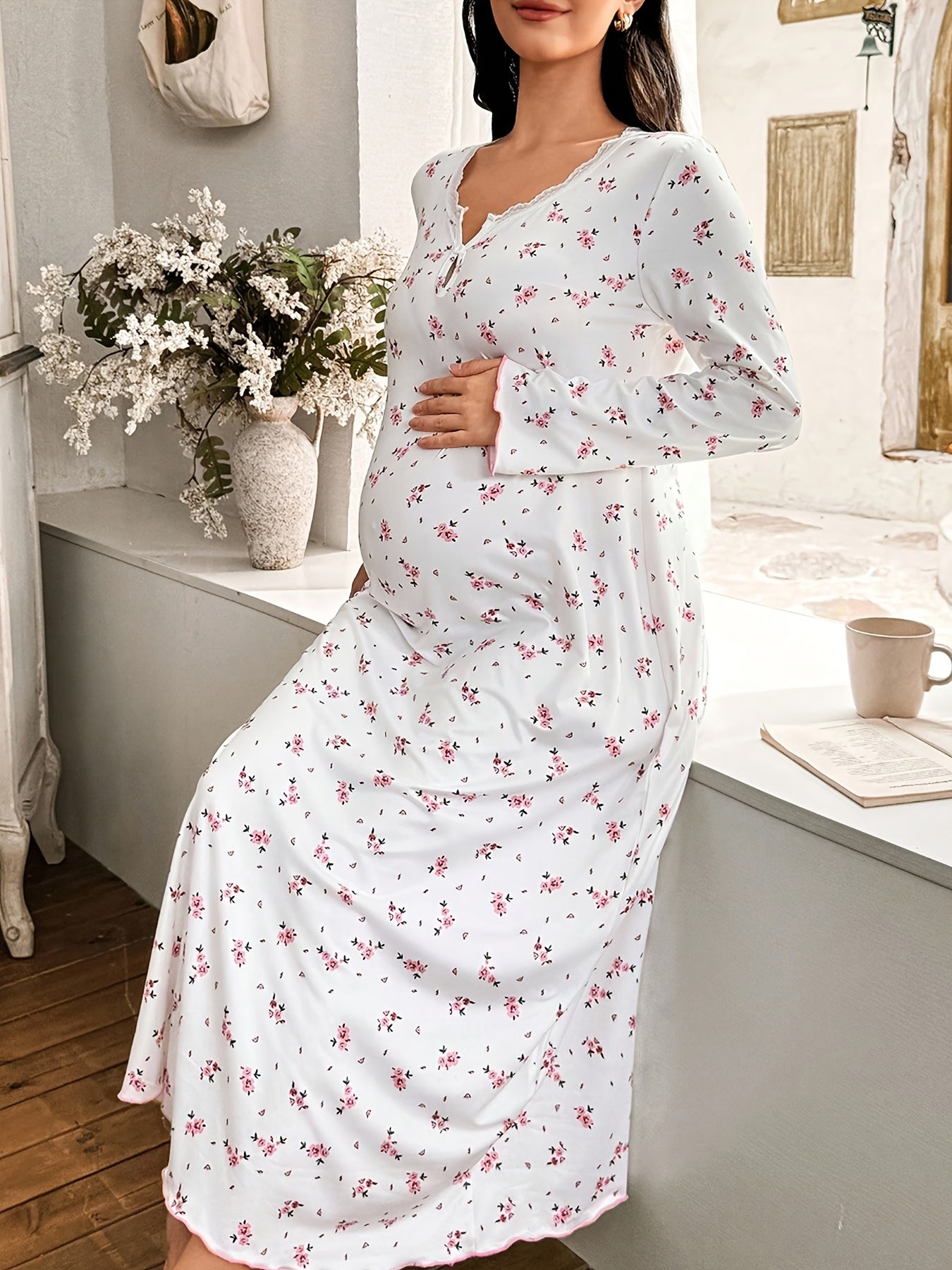 Lace Maternity Nightgown - Long Sleeve