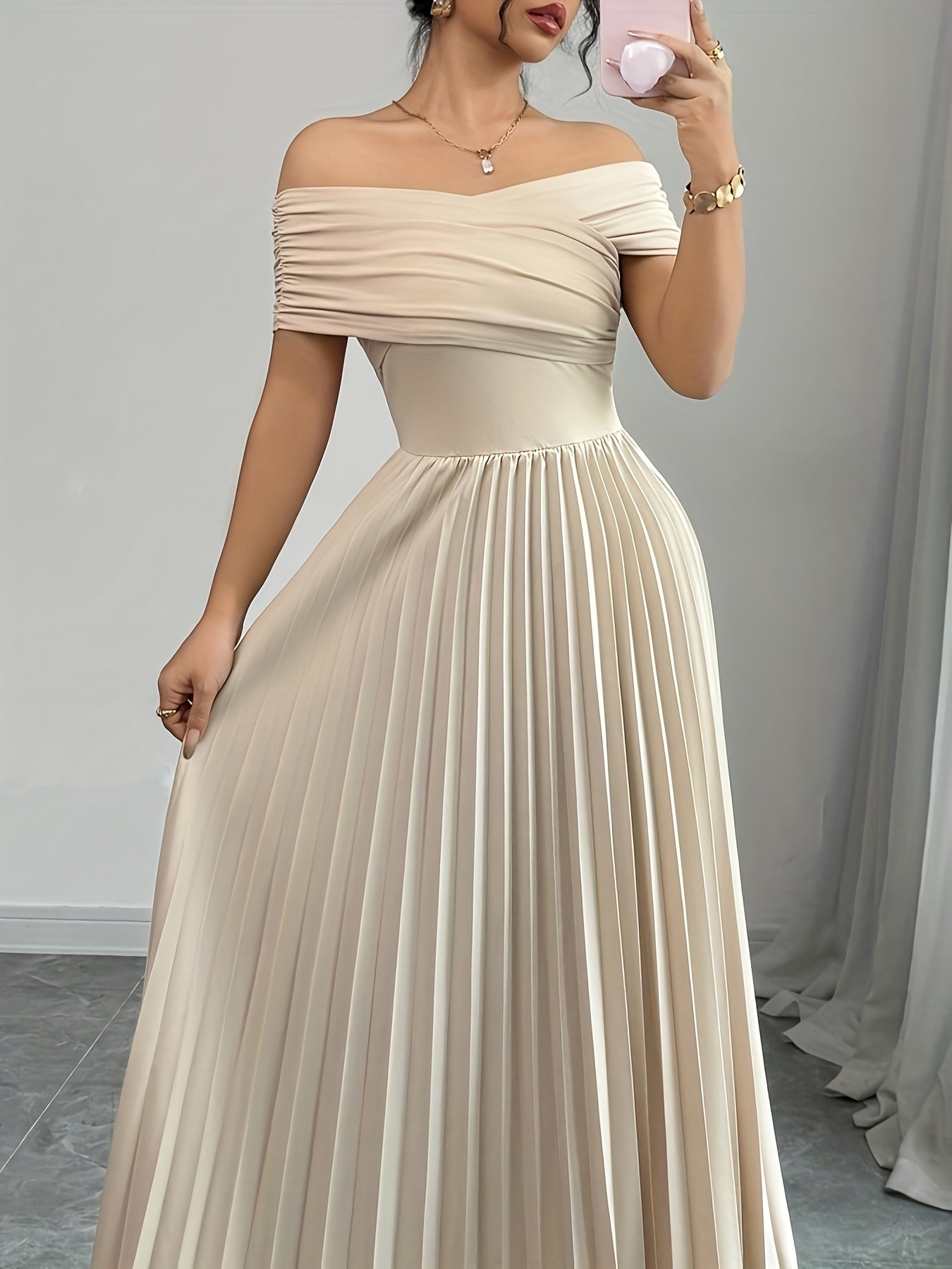 Beige Pleated Off Shoulder Gown - Long