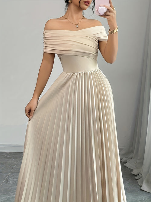 Beige Pleated Off Shoulder Gown - Long