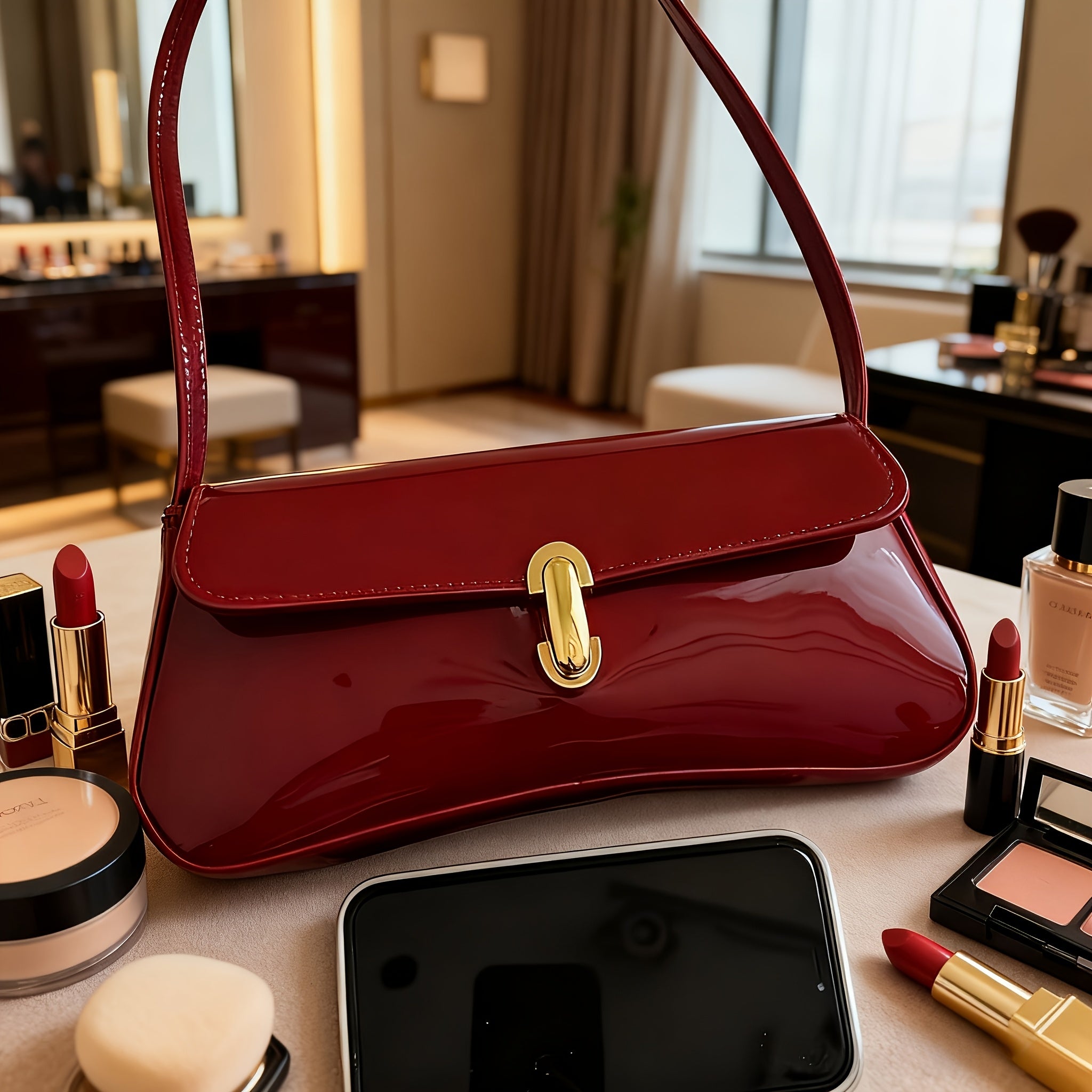 Women’s Quilted Crossbody Handbag - Glossy Finish Detachable Strap Bag