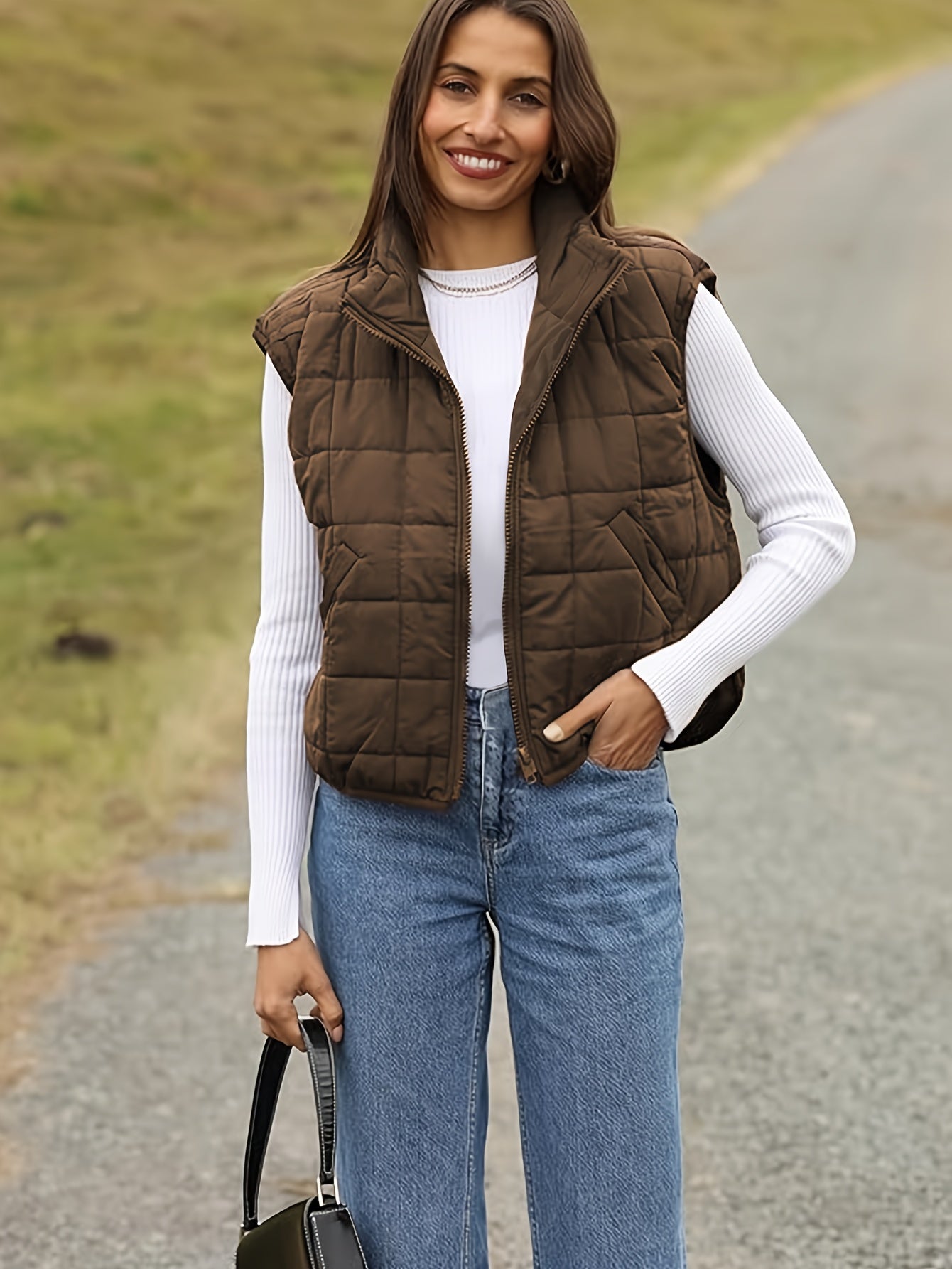 Women’s Sleeveless Zipper Pocket Vest  - Minimalist Solid Color Waistcoat