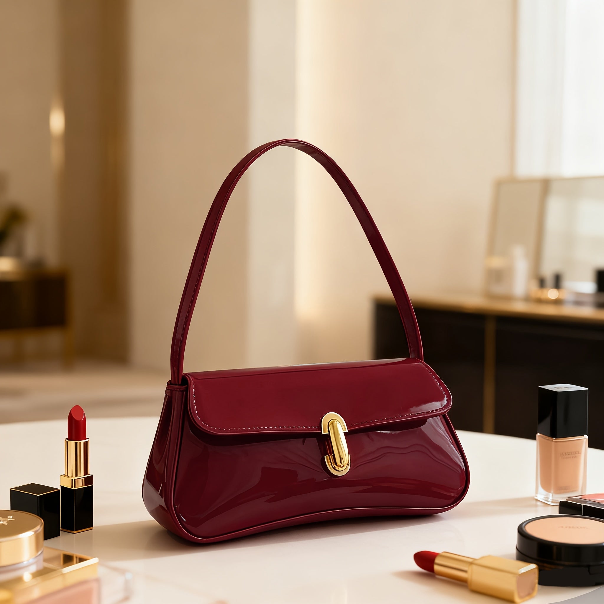 Women’s Quilted Crossbody Handbag - Glossy Finish Detachable Strap Bag