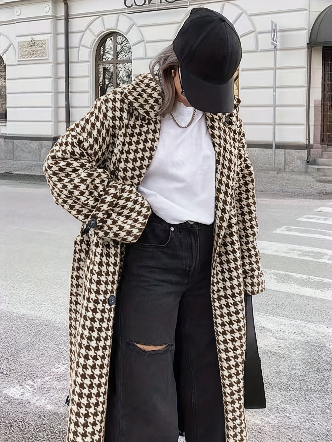 Women’s Houndstooth Trench Coat - Long Belted Classic Outerwear