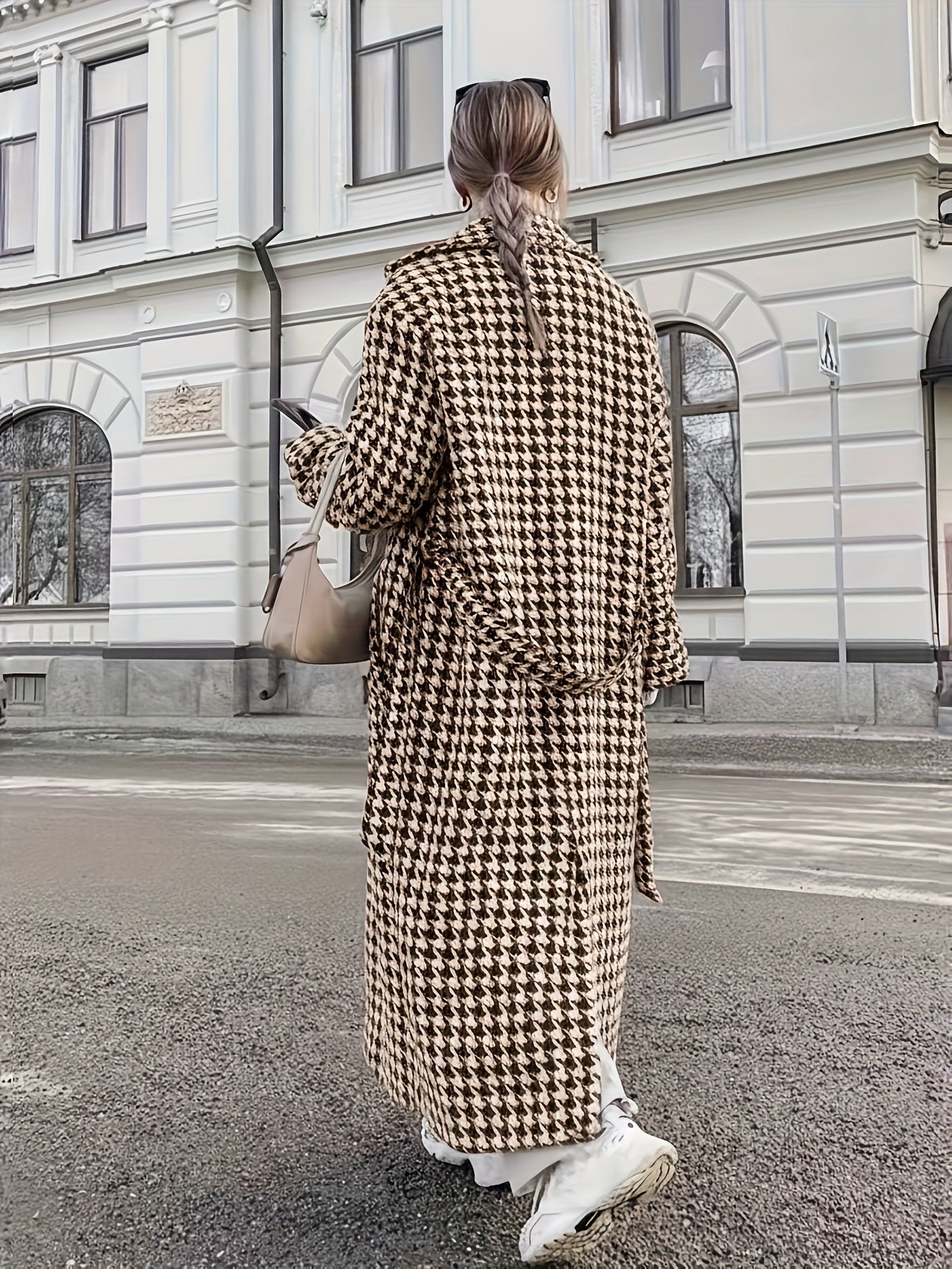 Women’s Houndstooth Trench Coat - Long Belted Classic Outerwear