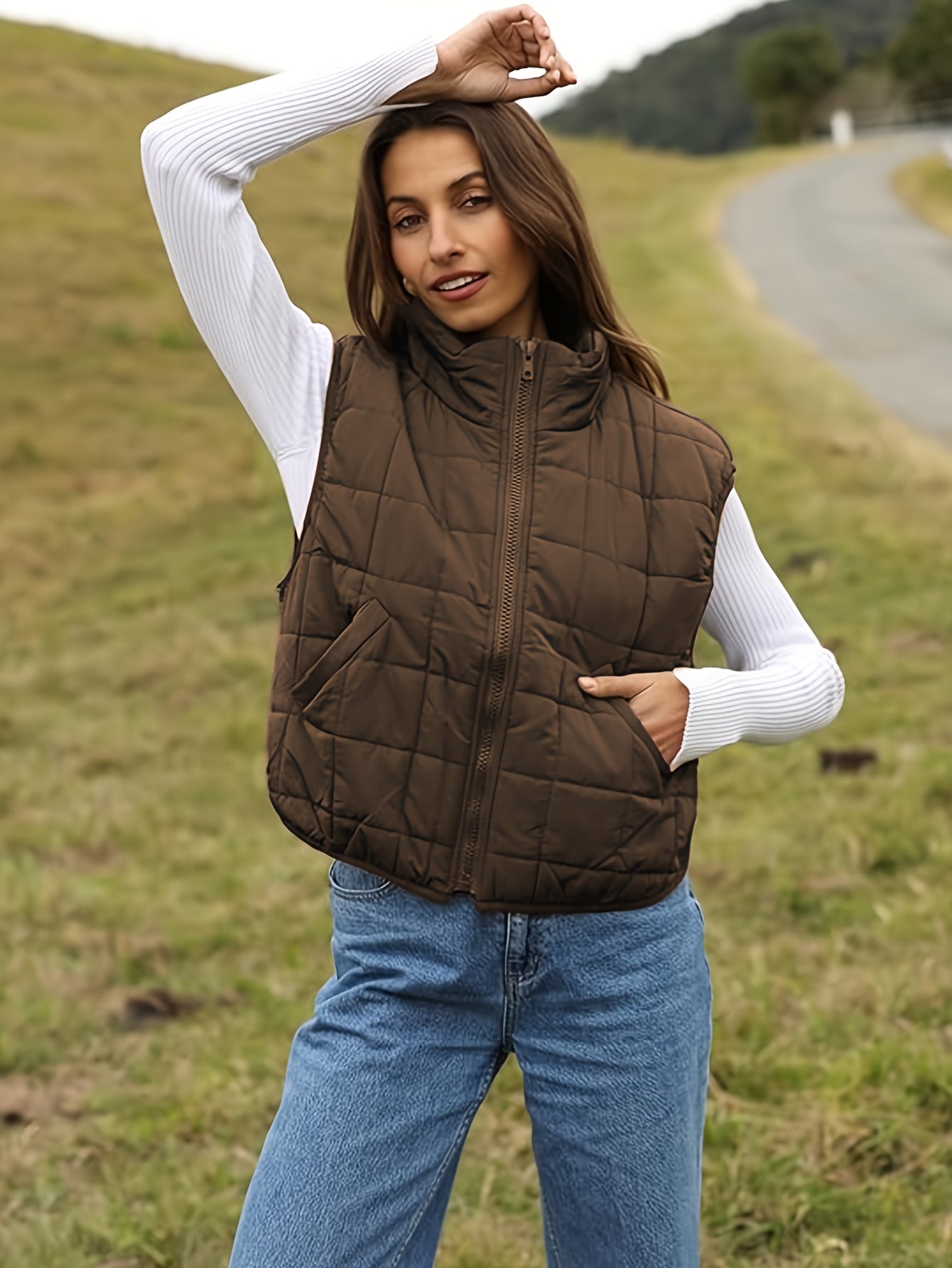 Women’s Sleeveless Zipper Pocket Vest  - Minimalist Solid Color Waistcoat