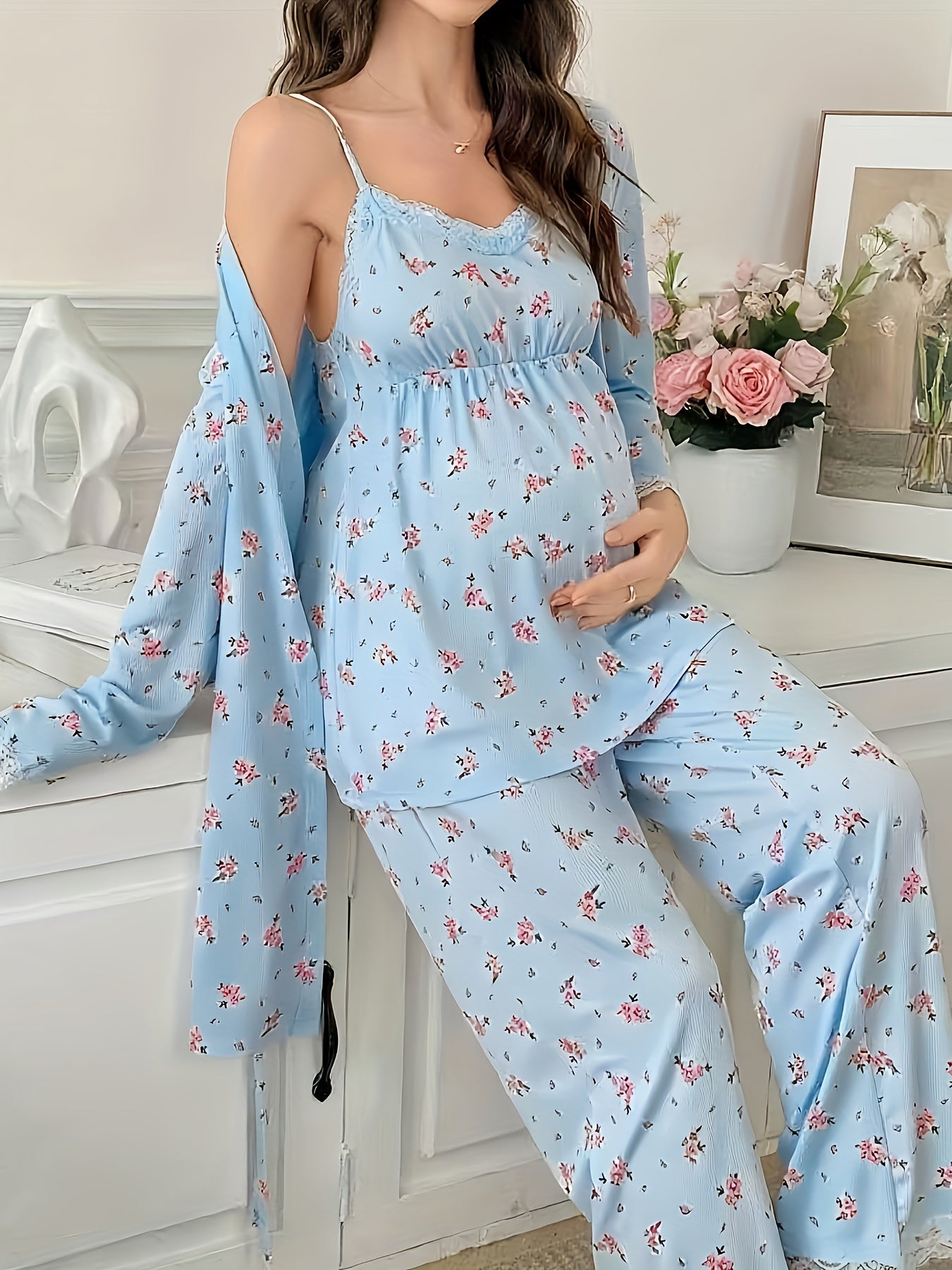 Floral Lace Maternity Pajama Set - 3 Pieces