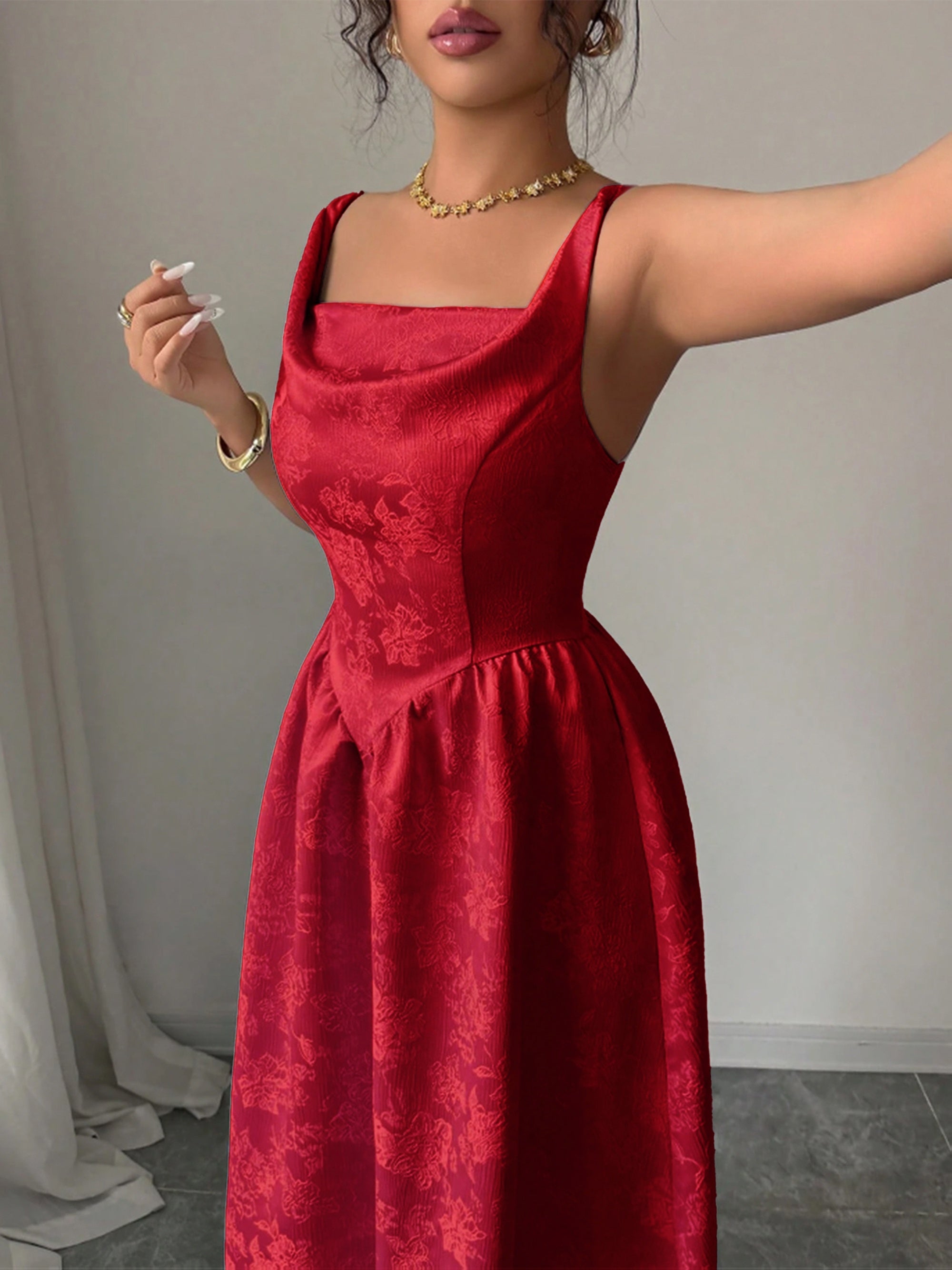 Jacquard Vintage Princess Dress - Draped Neckline