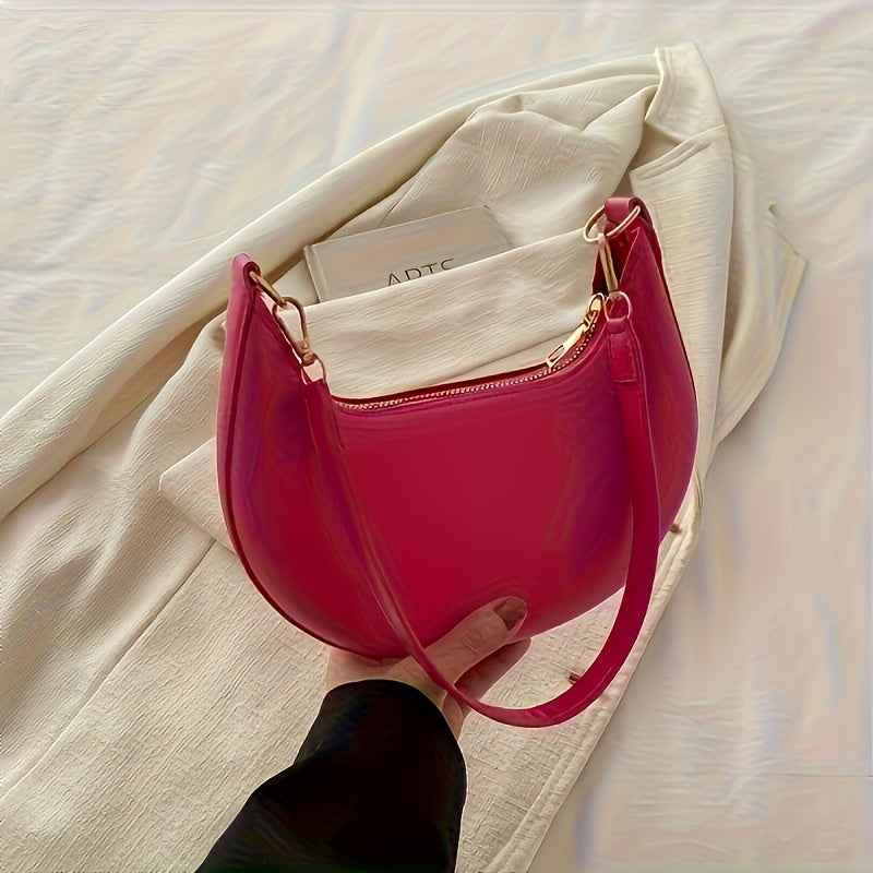Women’s Polyester Half Moon Shoulder Bag - Detachable Strap Zipper Closure Handbag