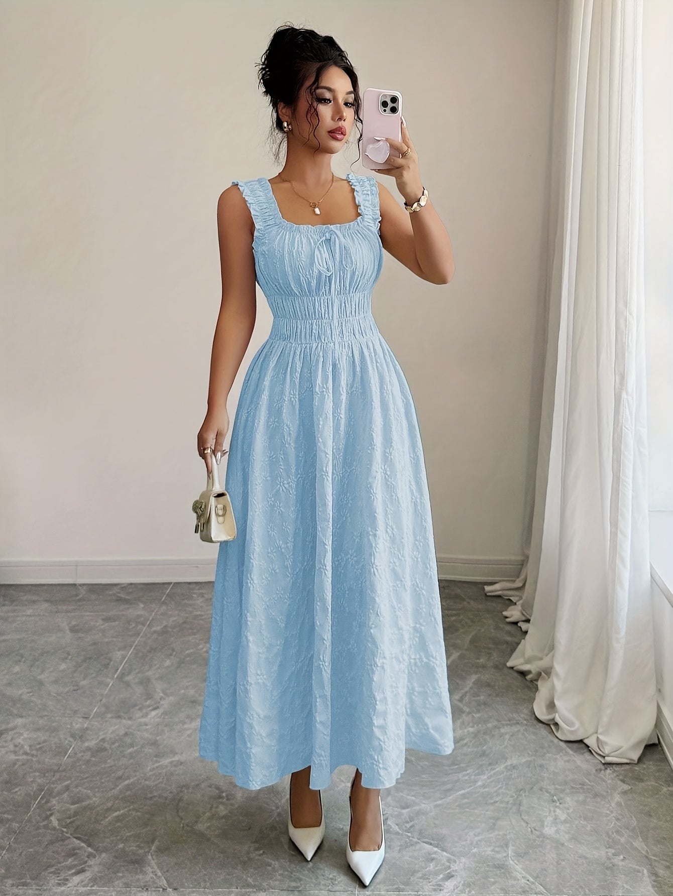 Floral Spaghetti Strap Dress - Bow Waist Style