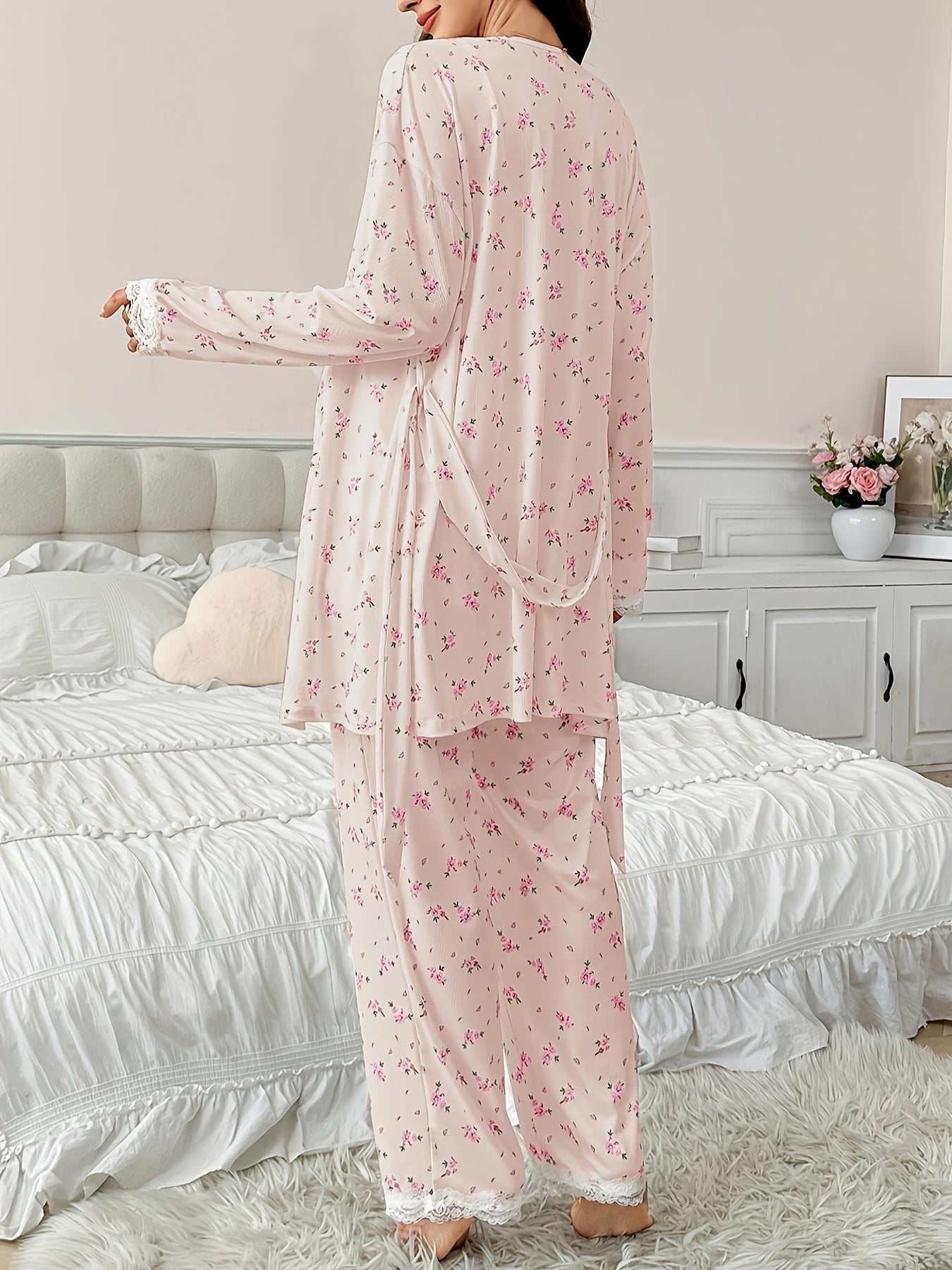 Floral Lace Maternity Pajama Set - 3 Pieces