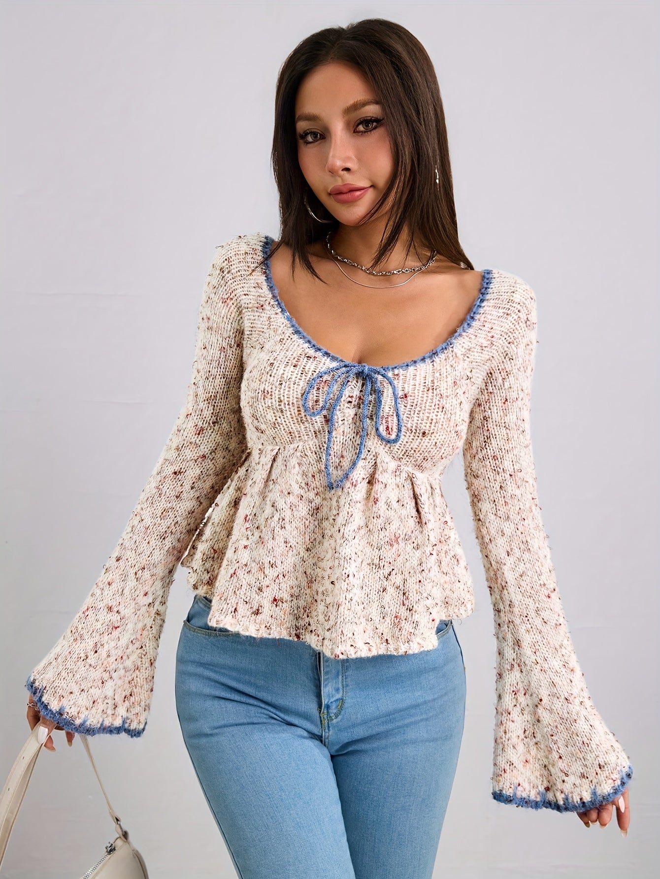 Cashmere V Neck Sweater - Flared Sleeves