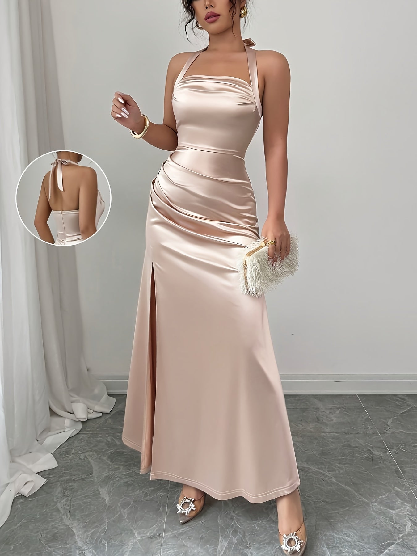 Champagne Satin Spaghetti Strap Dress - Elegant