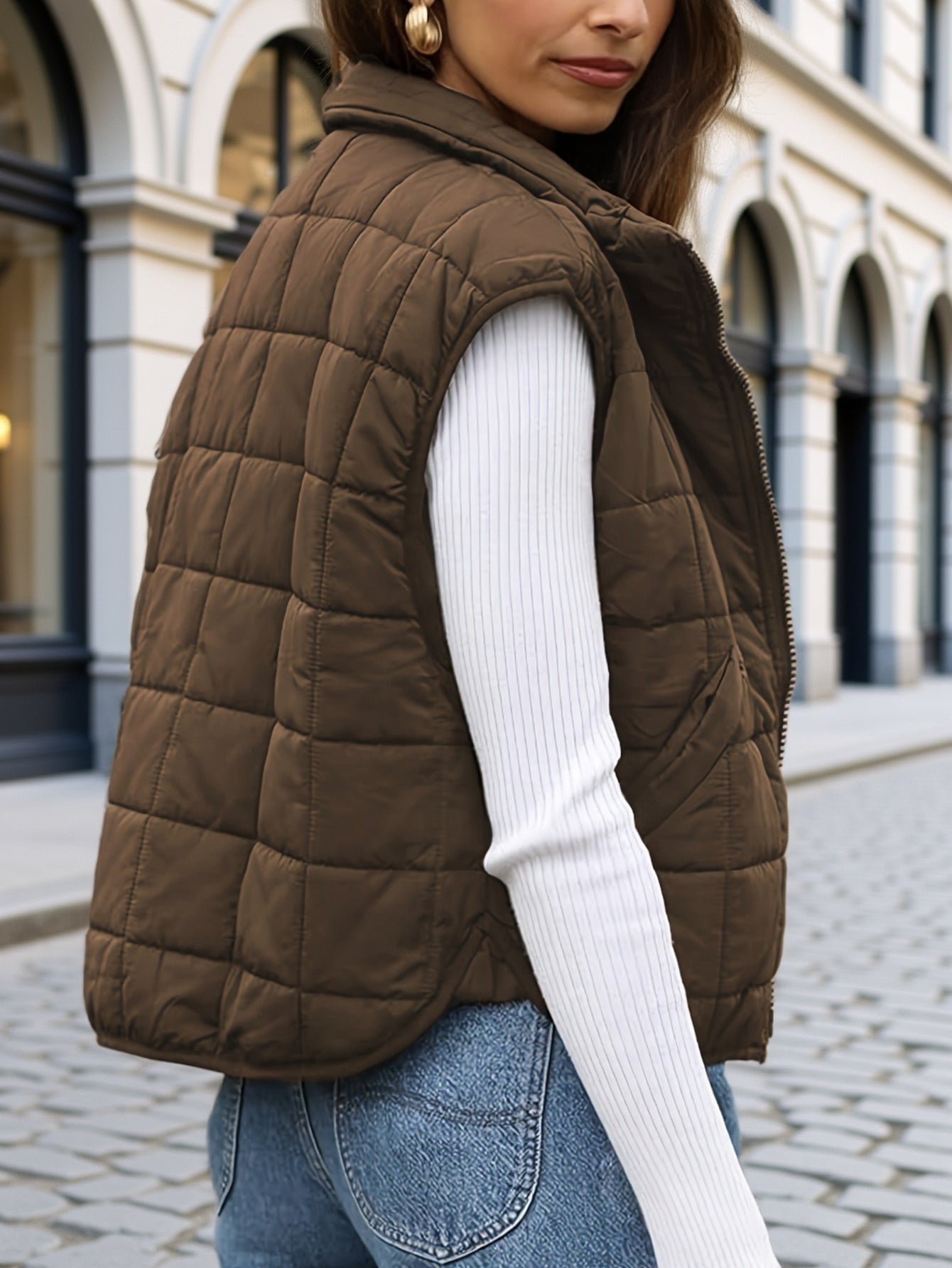 Women’s Sleeveless Zipper Pocket Vest  - Minimalist Solid Color Waistcoat