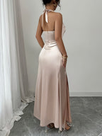 Champagne Satin Spaghetti Strap Dress - Elegant