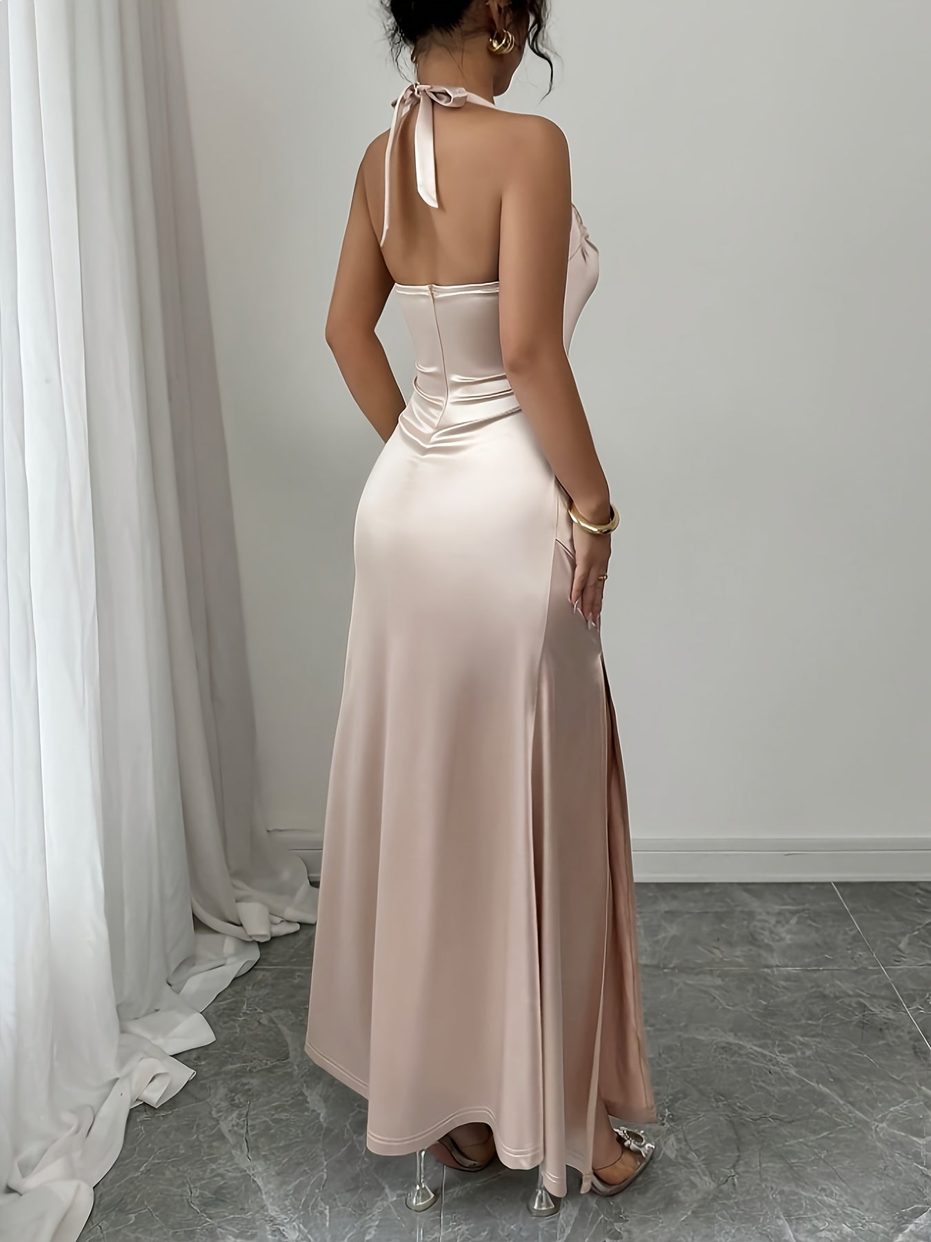 Champagne Satin Spaghetti Strap Dress - Elegant