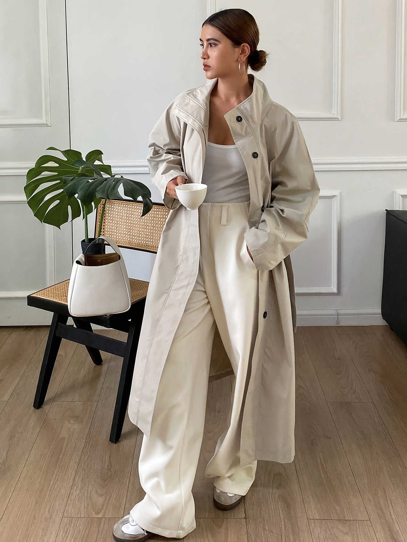 Women’s Belted Trench Coat – Loose Fit Long Sleeve with Pockets