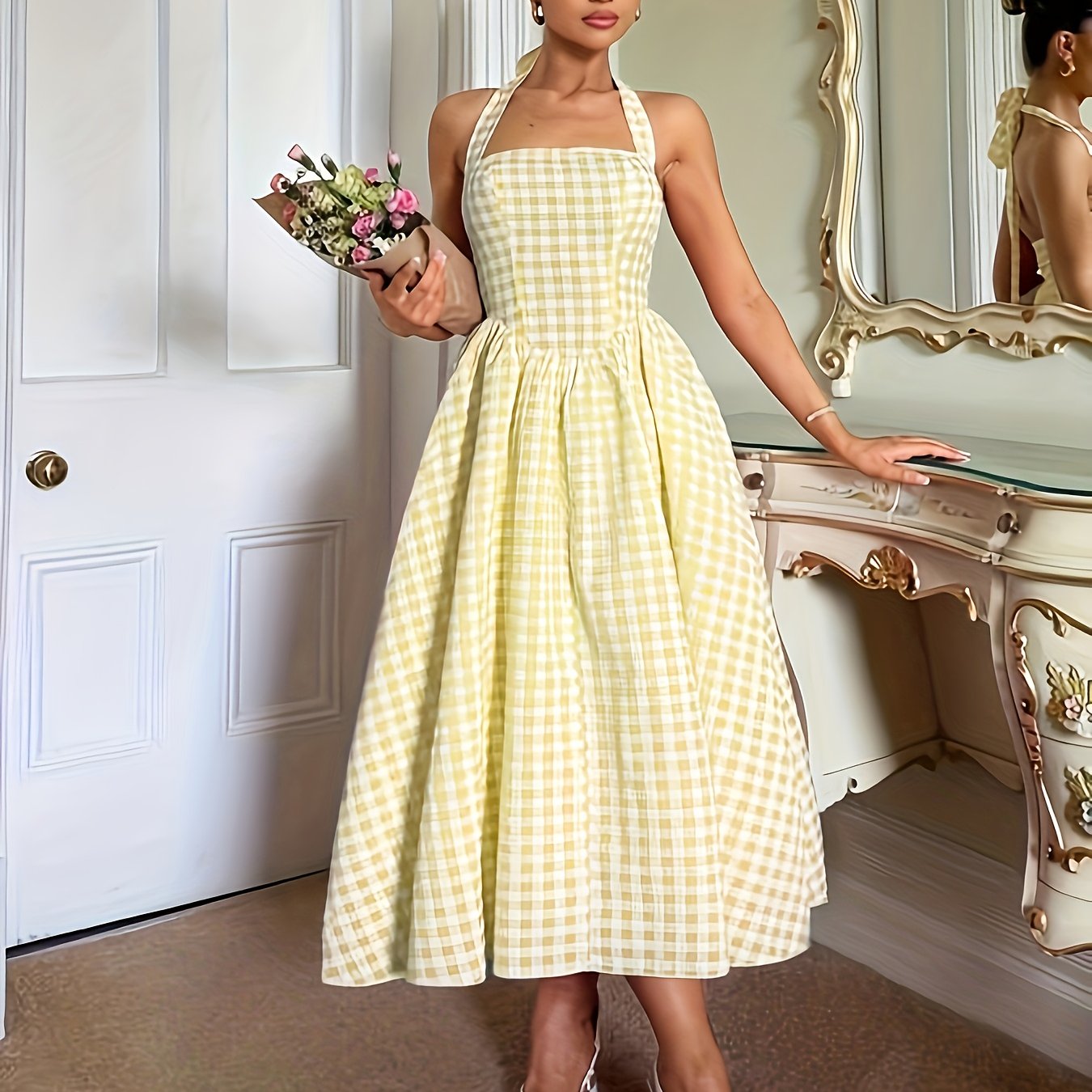 Cotton Plaid Midi Dress - French Style