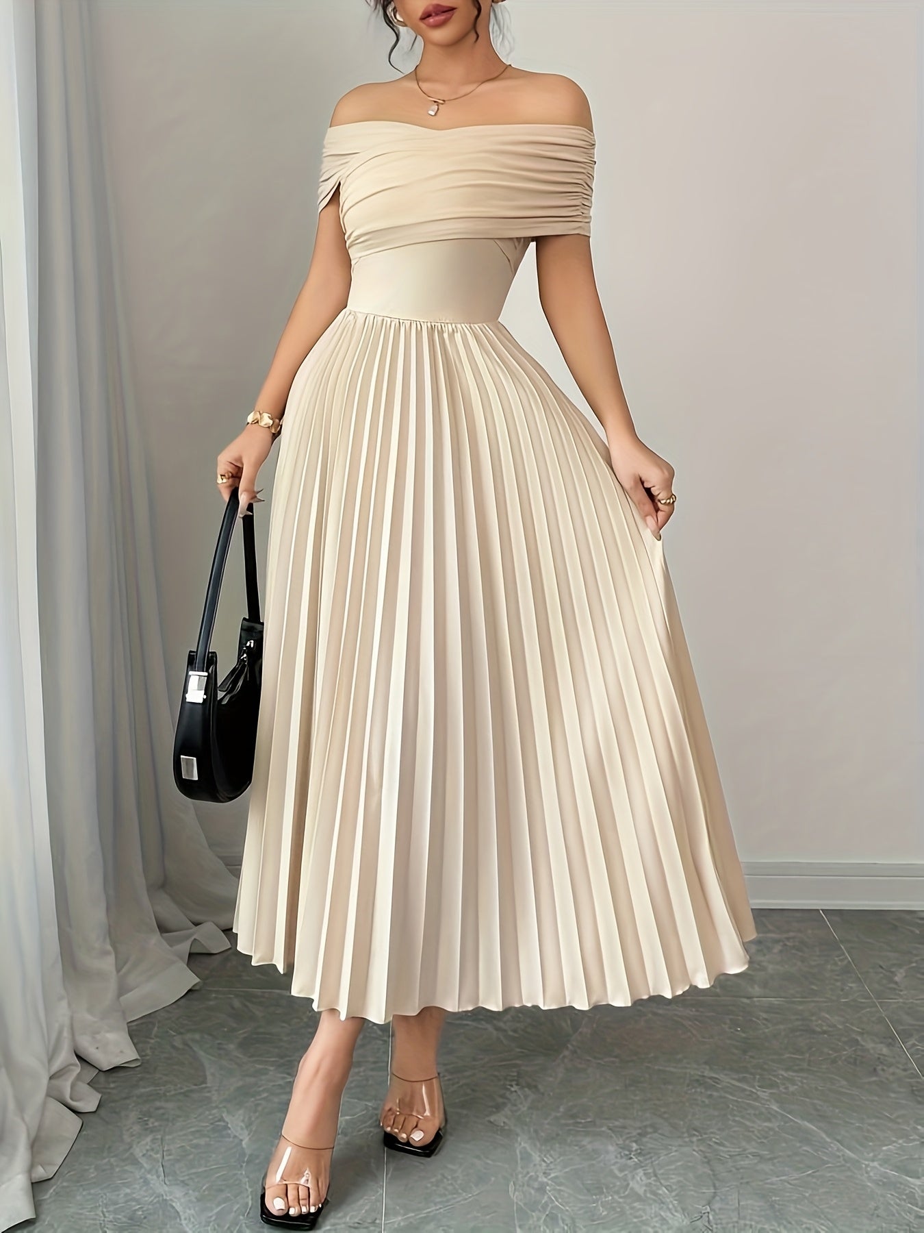 Beige Pleated Off Shoulder Gown - Long