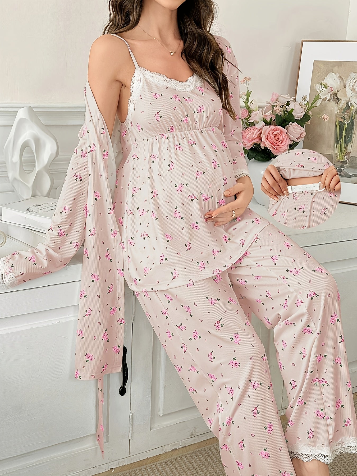 Floral Lace Maternity Pajama Set - 3 Pieces
