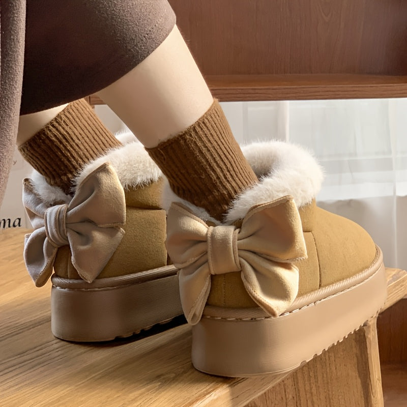 Faux Fur Winter Slippers - High Top with Bow