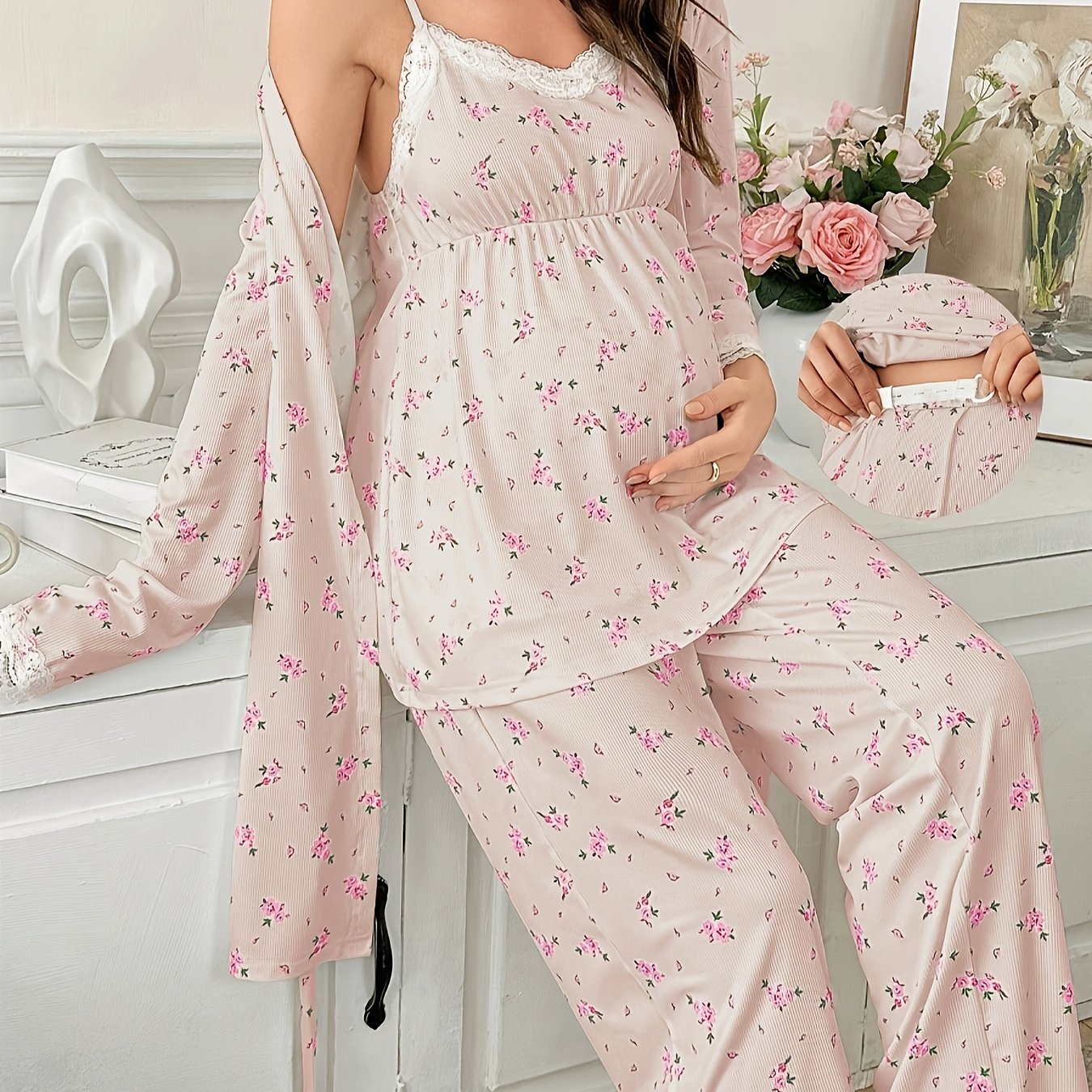 Floral Lace Maternity Pajama Set - 3 Pieces