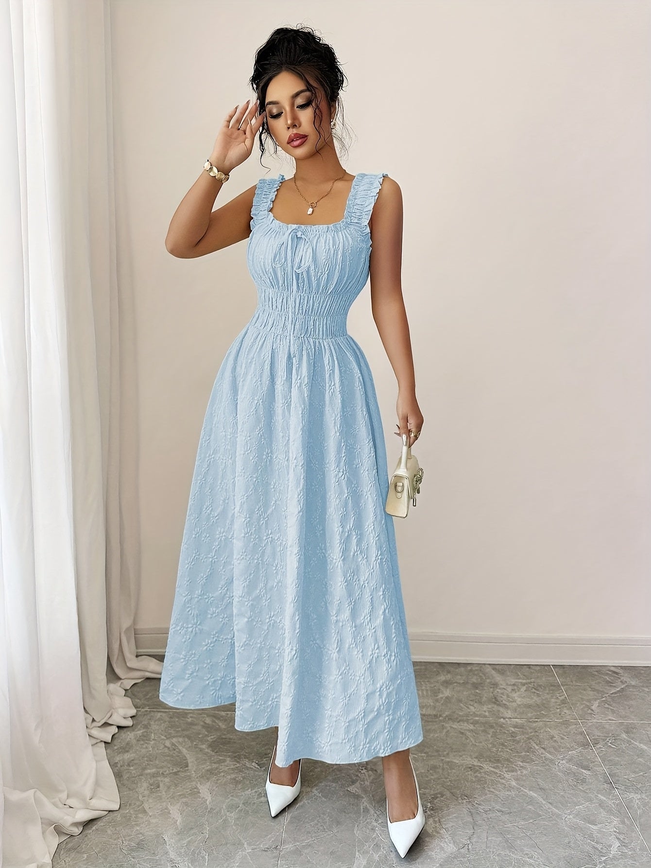 Floral Spaghetti Strap Dress - Bow Waist Style