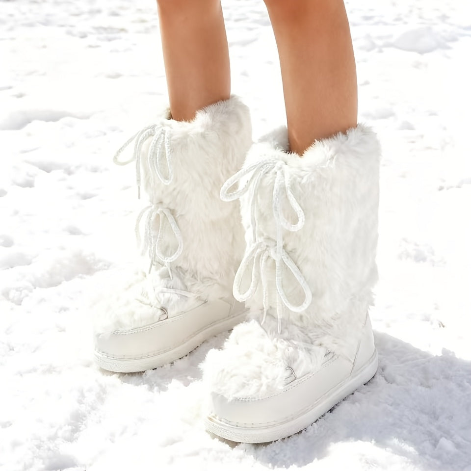 Faux Fur Snow Boots - Thick Soles and Bow Straps