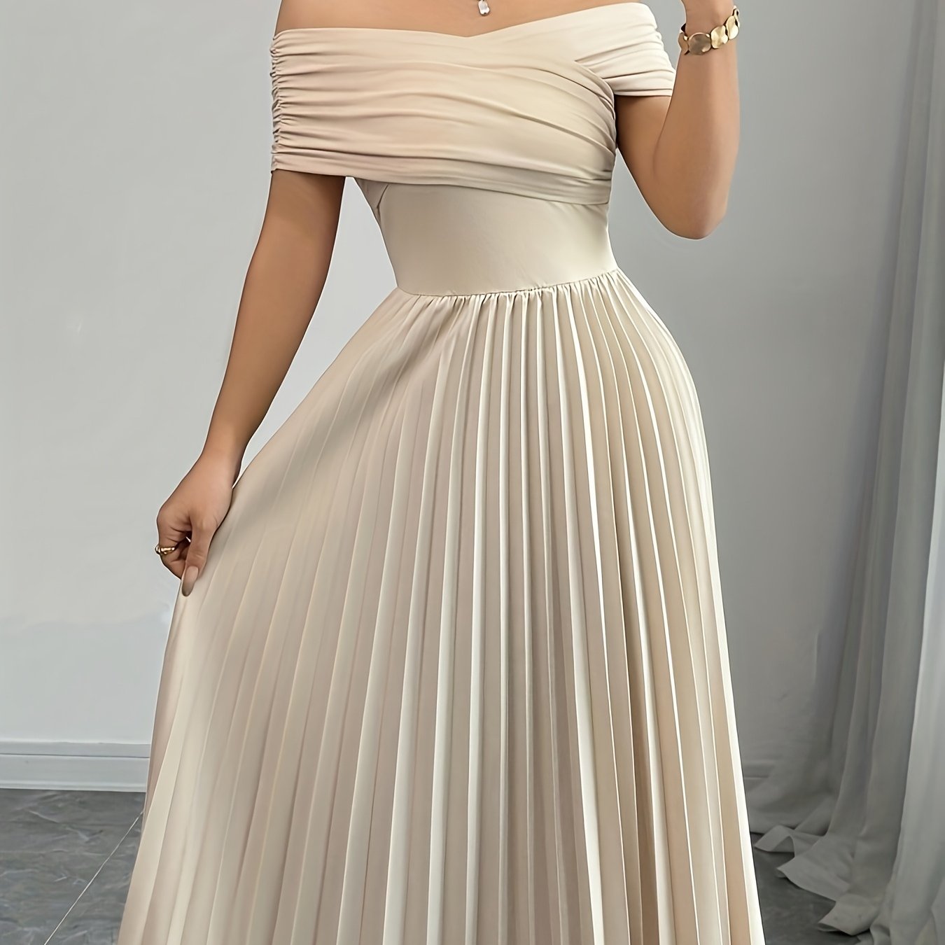 Beige Pleated Off Shoulder Gown - Long