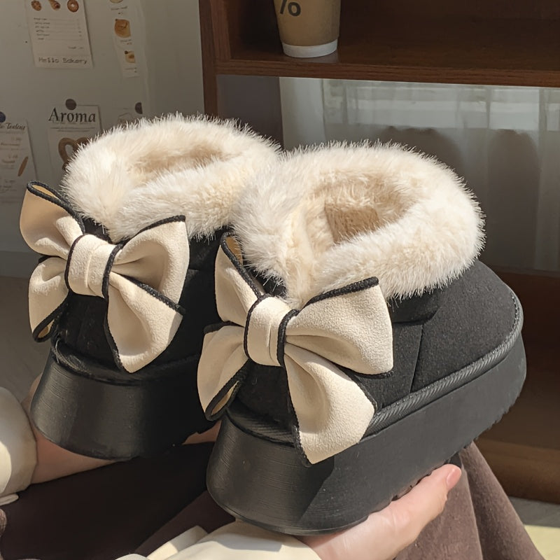Faux Fur Winter Slippers - High Top with Bow