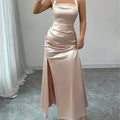Champagne Satin Spaghetti Strap Dress - Elegant
