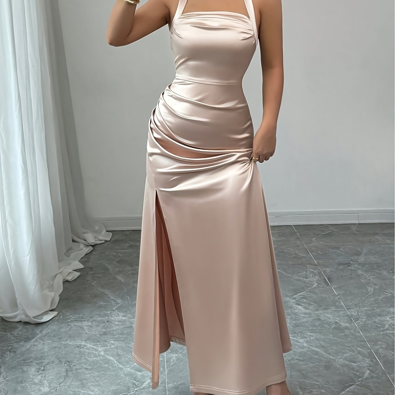 Champagne Satin Spaghetti Strap Dress - Elegant
