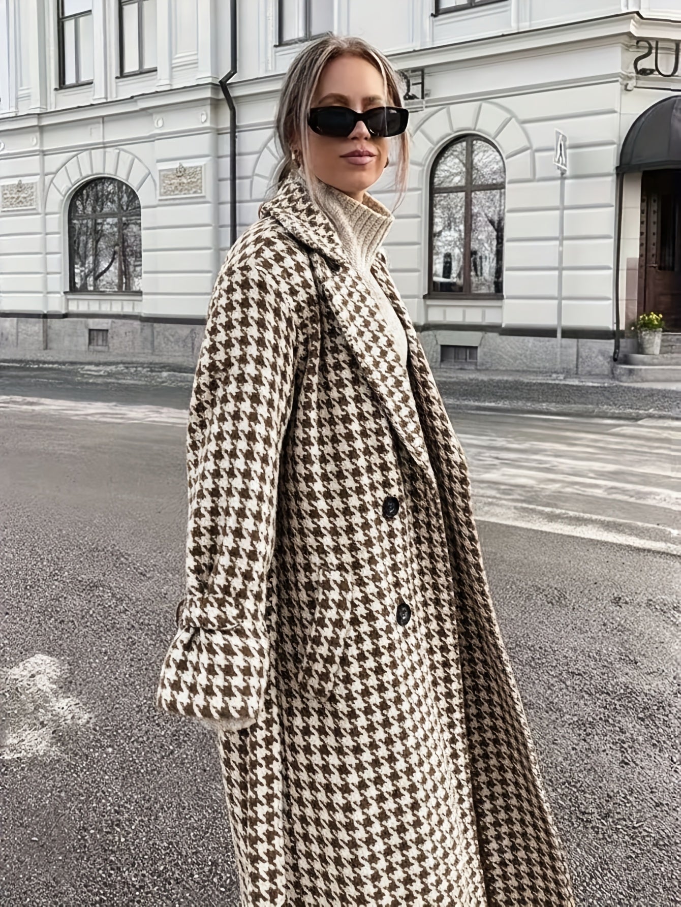 Women’s Houndstooth Trench Coat - Long Belted Classic Outerwear