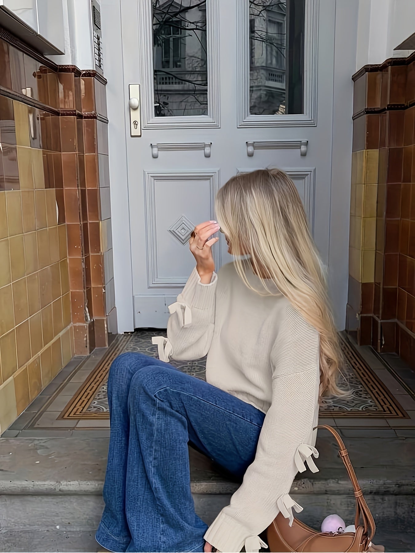 Bow Decor Long Sleeve Top - Crew Neck