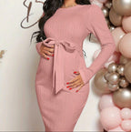 Cotton Maternity Long Dress - Crew Neck