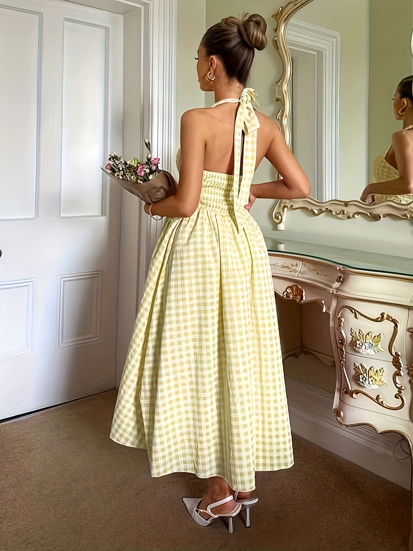 Cotton Plaid Midi Dress - French Style