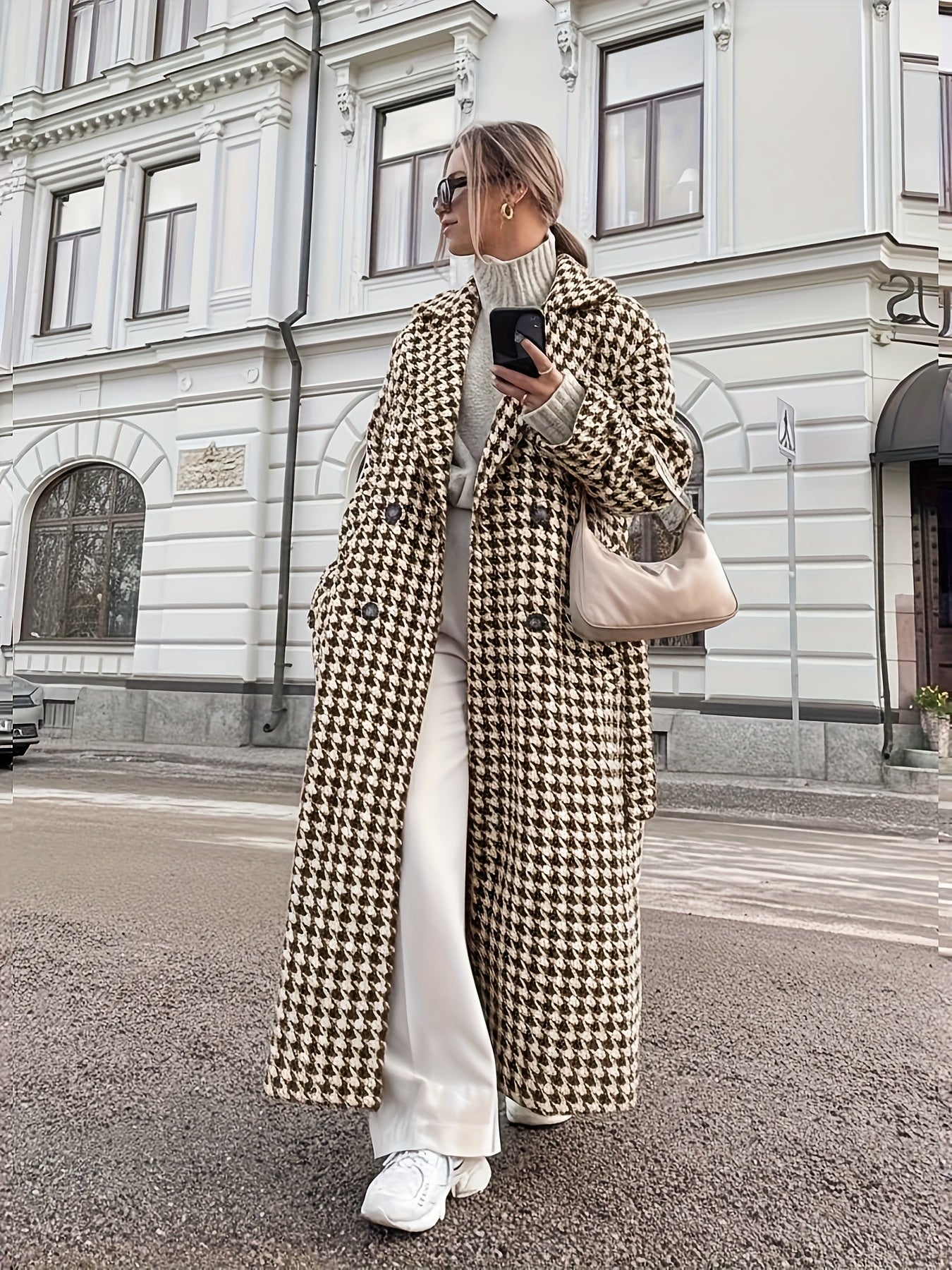 Women’s Houndstooth Trench Coat - Long Belted Classic Outerwear