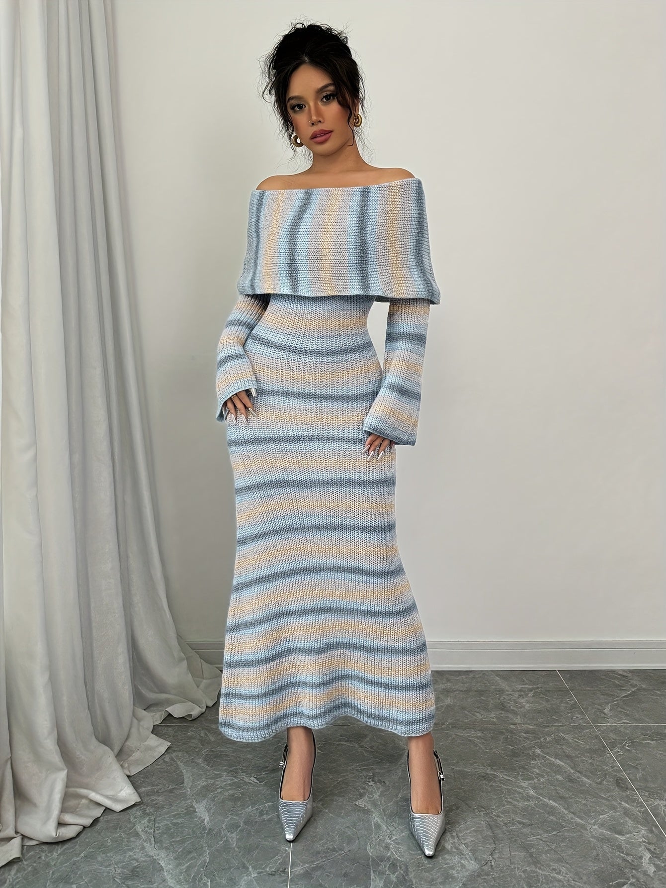 Blue Gradient Striped Dress - Mid Length