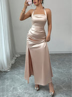 Champagne Satin Spaghetti Strap Dress - Elegant
