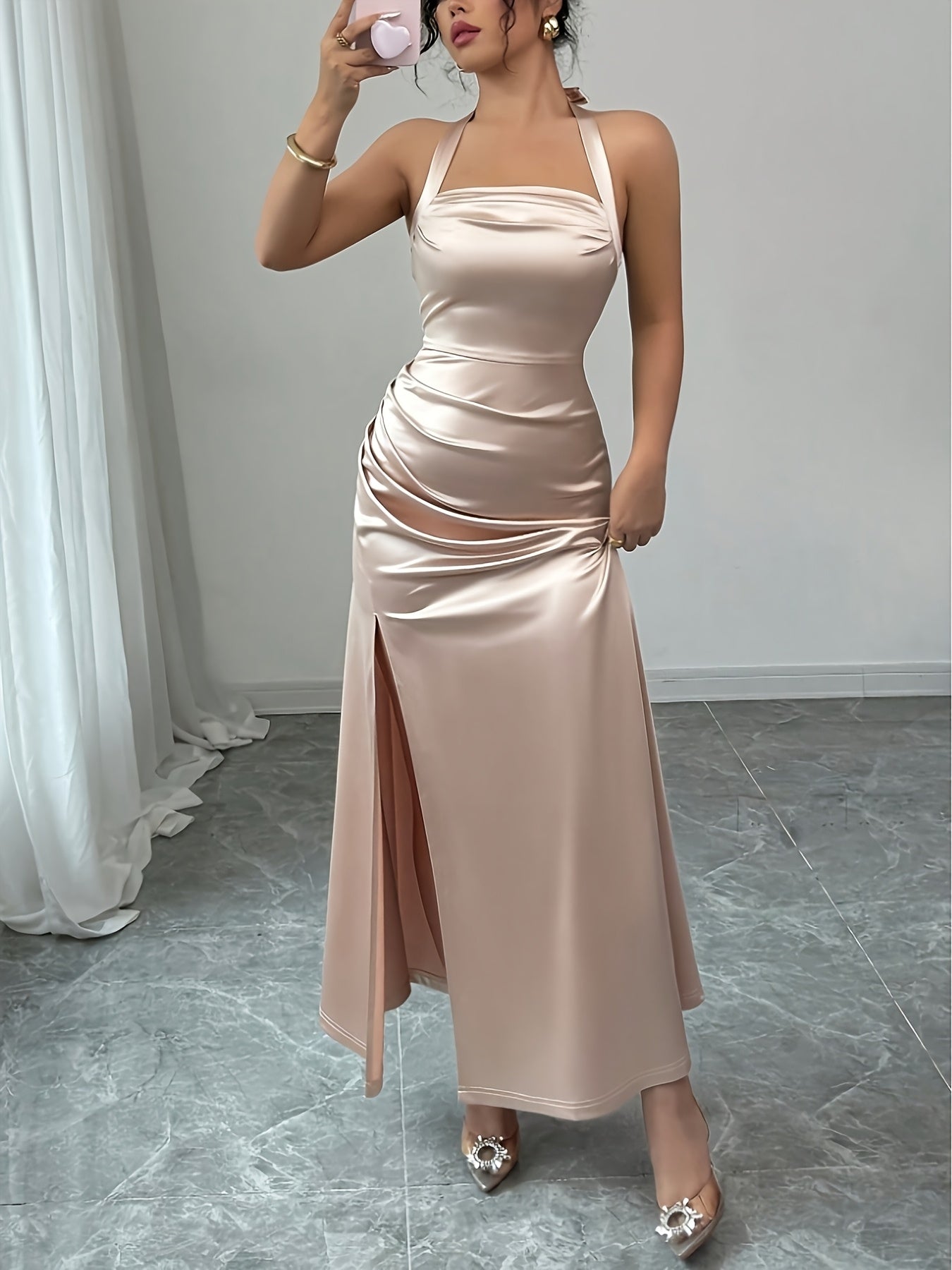 Champagne Satin Spaghetti Strap Dress - Elegant